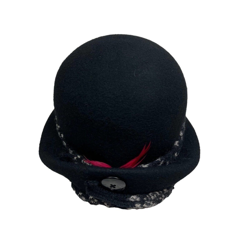 Susan Hat Wool Felt Cloche Hat Women Button Feather‎ Detail Black Size OSFM